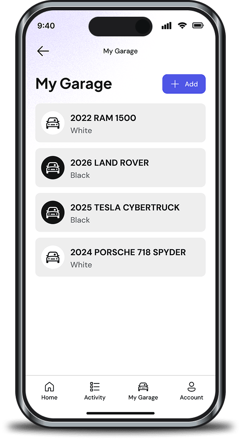 Screenshot of Auzo App with the My Garage screen