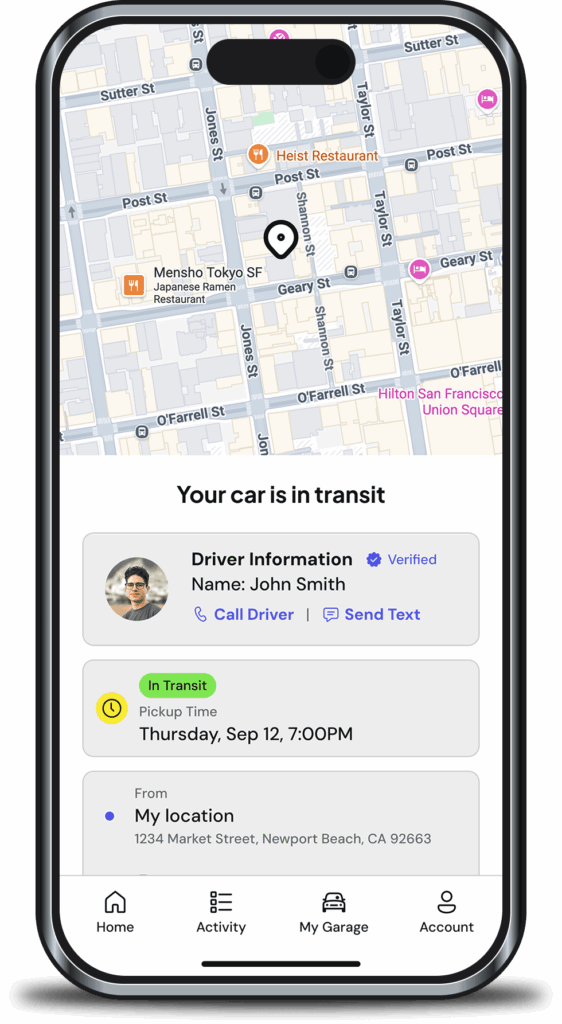 Screenshot of Auzo App with the car in transit screen