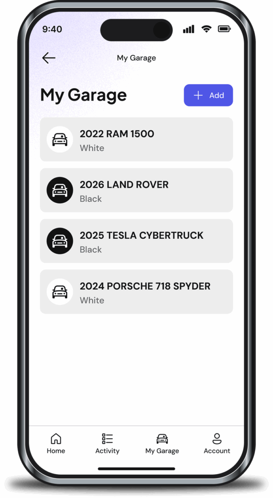 Screenshot of Auzo app with the My Garage screen