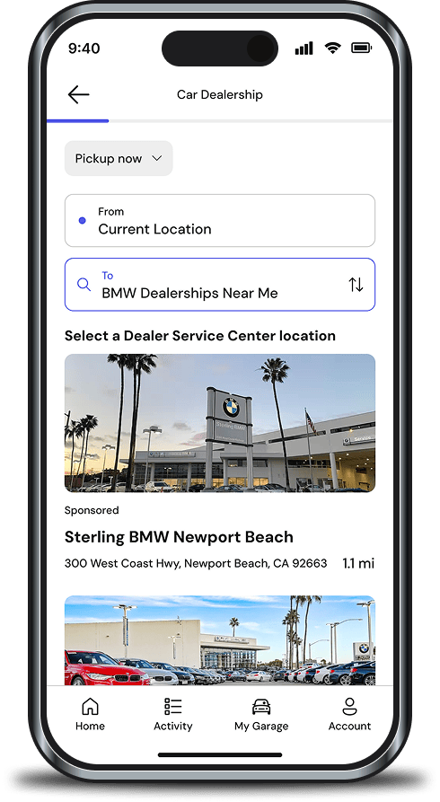 Screenshot of the Auzo App with the Service Center Selection Screen